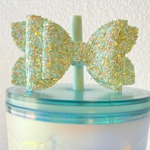 Glittery Bow Straw Topper - Aqua Green Gold Chunky Glitter Top